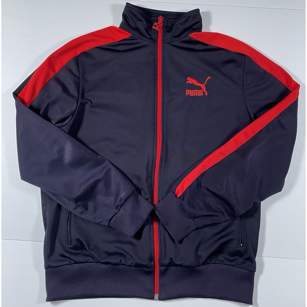 Puma Track Jacket Mens Small Navy Blue Red Full Zip Stripe Sport Lifestyle